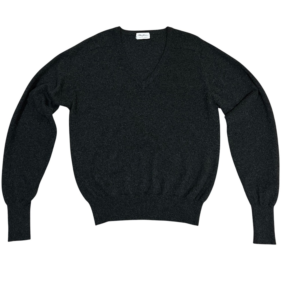 Vintage 90s Stephan Charcoal Gray 100% Cashmere VNeck Sweater L Old Money